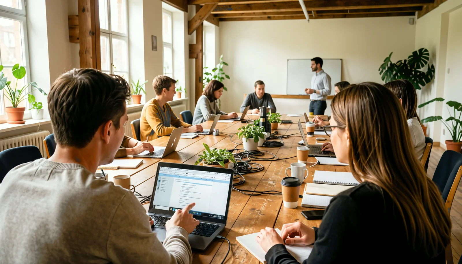 Sechs Inhaber arbeiten an einem langen Holztisch in einem hellen Raum, Laptops und Notizbücher offen, Kaffeebecher, Kabel, Pflanzen, Tageslicht; eine Person erklärt am Whiteboard.
